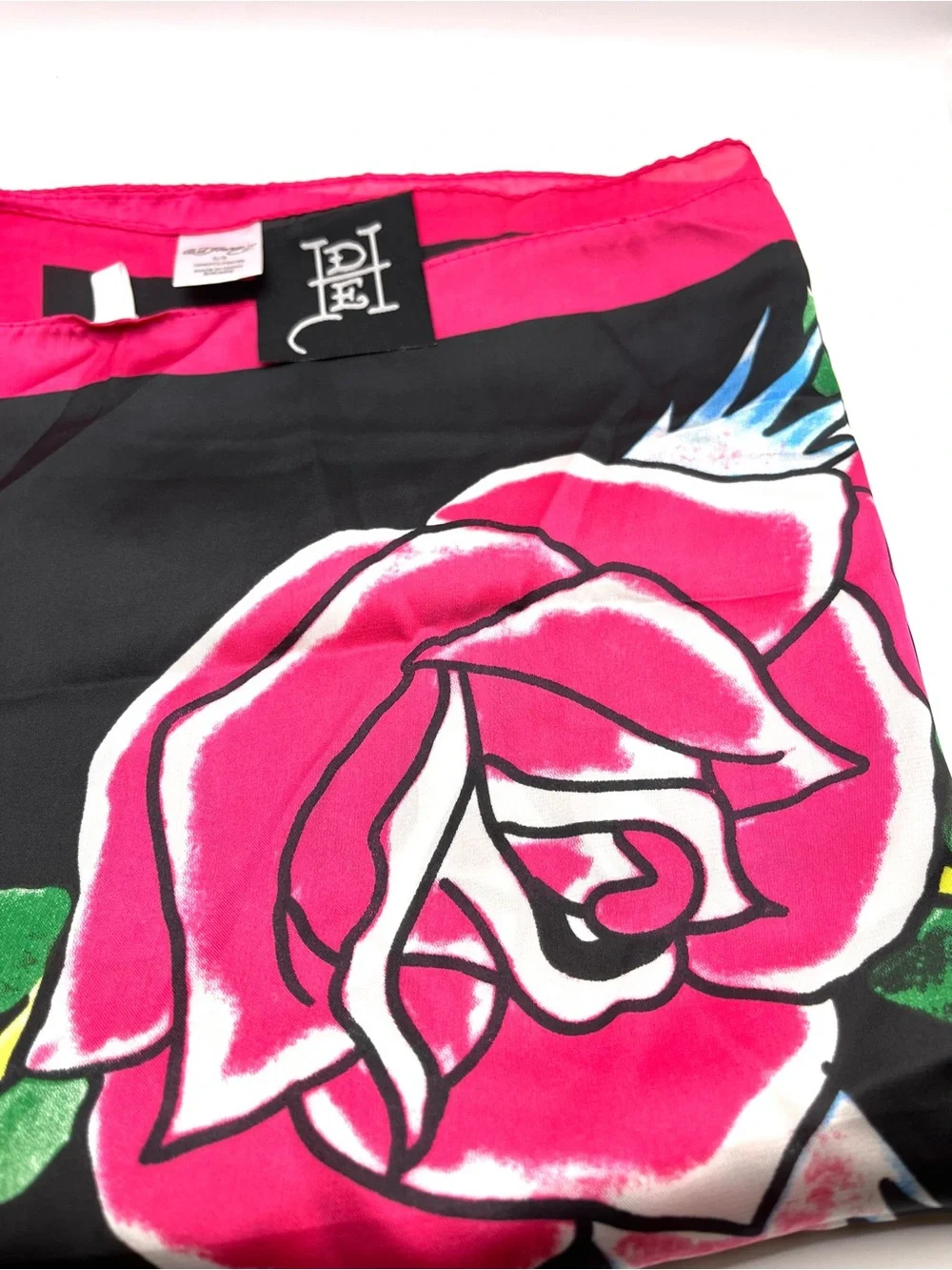 Ed Hardy Black Scarf with Pink Rose Border and Heart Skull Graphic Love